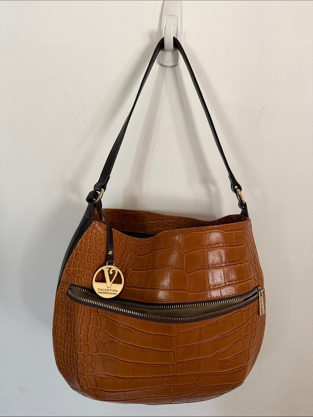 Valentina Leather Croc-Embossed Brown Hobo with Brown Strap and Gold Charm